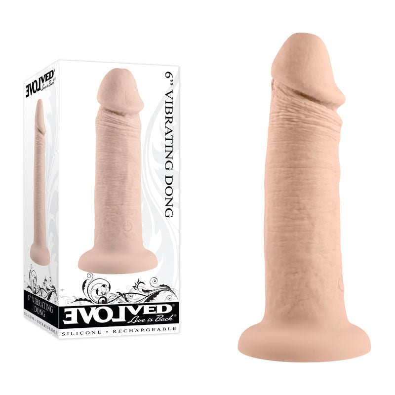 Evolved 6" Vibrating dildo, flesh, front view and box view | Flirtybay.com.au